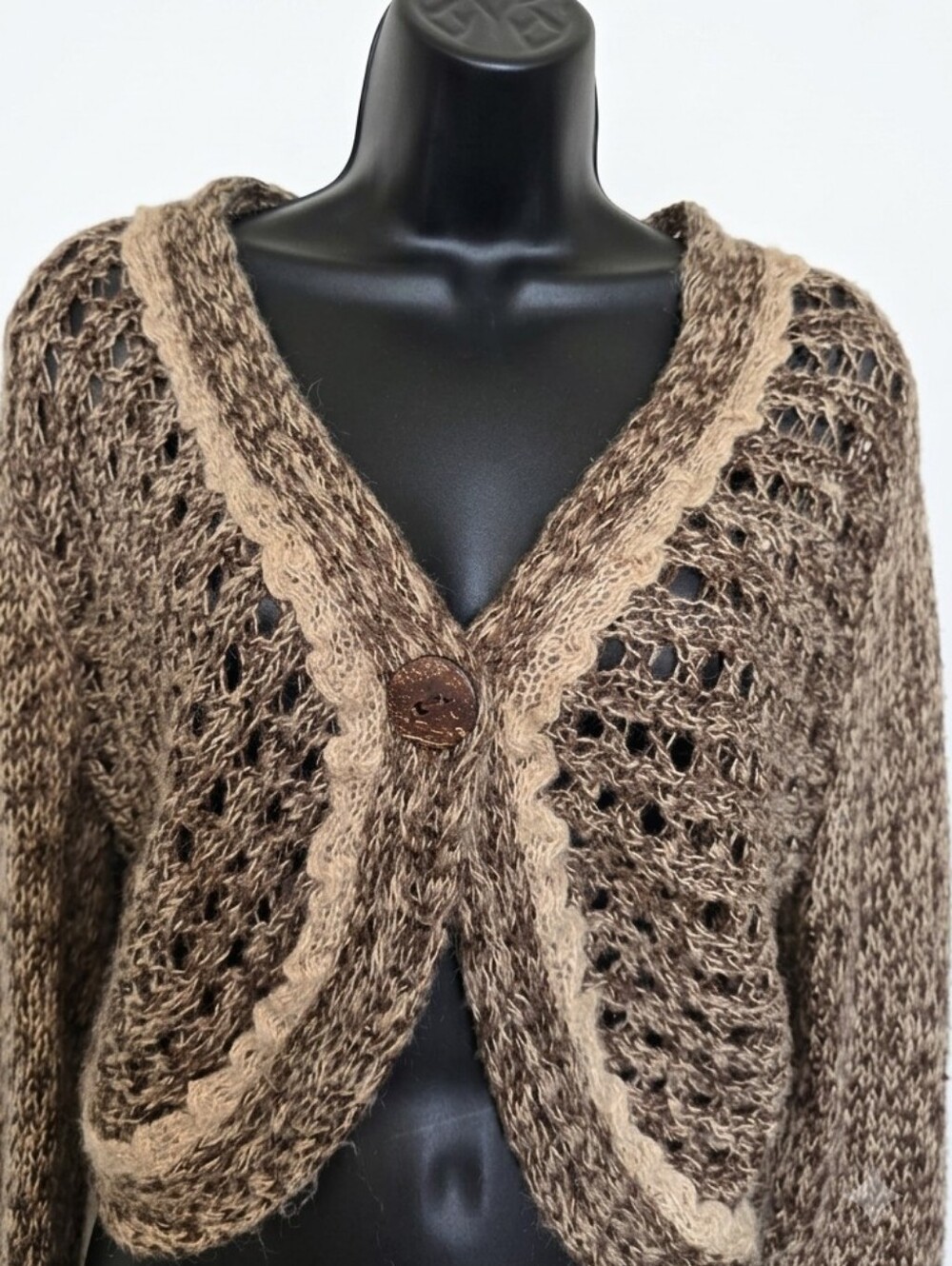 Newport News Vintage Open Knit Cropped Cardigan Shrug - Size M Brown Earthy
